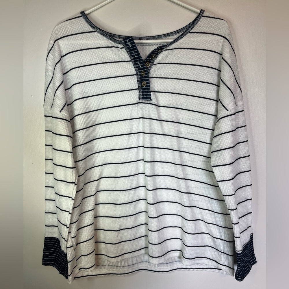 Women’s Striped Waffle Knit Henley Top Size L Blue White Long Sleeve Casual